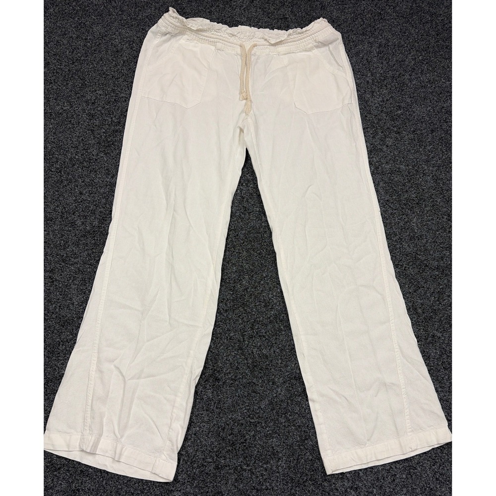Cali 1850 Pants Womens L White Linen Blend Wide Leg Drawstring Coastal Beachy